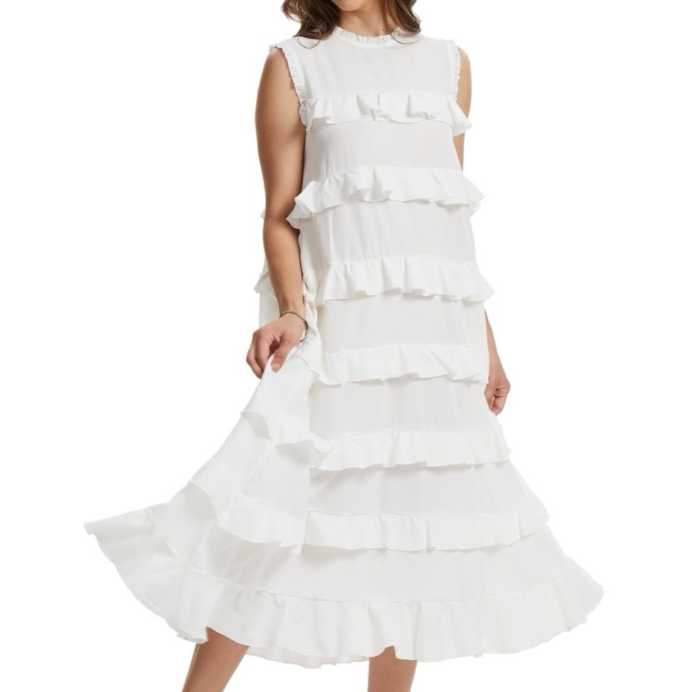 Sleeveless White Ruffled Maxi Dress